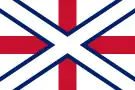 One early proposal for the Union Jack, consisting of a white St Andrew's saltire with blue fimbriation superimposed over a red St George's cross on a field of white