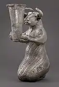 Proto-Elamite kneeling bull holding a spouted vessel; 3100–2900 BC; 16.3×6.3×10.8&nbsp;cm; Metropolitan Museum of Art (New York City)