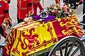 The crown on Elizabeth&nbsp;II's coffin, with the Sovereign's Sceptre and Orb during her state funeral in September 2022