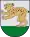 A coat of arms depicting a golden lynx with black spots, a red tongue, white teeth, and white claws standing on its back paws on green turf