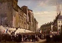 People of Chambéry with French flags celebrating the annexation in 1860.