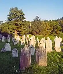 A cemetery; grave stones in the foreground in staggered, irregular rows; behind them grass covered mounds of dead; an American flag in the background along a tree line.