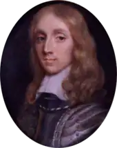 A circular portrait of Richard Cromwell. Cromwell has shoulder length blonde hair and is wearing silver armour.