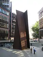 Richard Serra, Fulcrum 1987, 55 ft high free standing sculpture of Cor-ten steel near Liverpool Street station, London