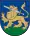 A coat of arms depicting a golden lion holding a silver-bladed sword in its mouth with a golden hilt and standing on green turf all on a blue background