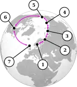 Seven "species" of Larus gulls interbreed in a ring around the Arctic.