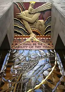 Portal decoration Wisdom by Lee Lawrie at the Rockefeller Center (1933)