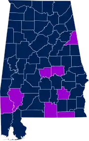 Map of Alabama divided by county with Autauga, Clarke, Cleburne, Covington, Elmore, Geneva, Pike, and Washington Counties highlighted.