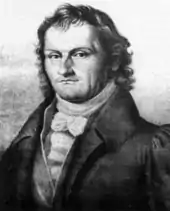 a line drawing of Schneider's portrait at a 3/4 angle. he looks resolute and has long hair.