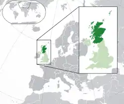 Location of Scotland (dark green)– in Europe (green & dark grey)– in the United Kingdom (green)