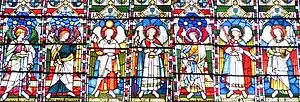 Seven archangels depicted in the stained-glass window at St Michael's Anglican Church, Brighton; from left: Michael, Gabriel, Uriel, Chamuel (Camael), Raphael, Jophiel, and Zadkiel