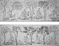 Seven Sages of the Bamboo Grove wearing bao yi bo dai, from rubbing of Eastern Jin molded tomb bricks
