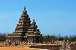 The rock-cut Shore Temple of the temples in Mahabalipuram, Tamil Nadu, 700–728. Showing the typical dravida form of tower.