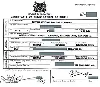 A 1967 Singapore certificate of registration of birth, without indication as to citizenship status.