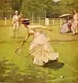 A Rally by Sir John Lavery. Badminton and tennis were popular occasions for parties, with women playing "mixed doubles" alongside male players.