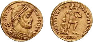 Solidus, obverse showing Julian as philosopher, reverse symbolizing the strength of the Roman army