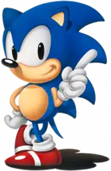 A blue anthropomorphic hedgehog wearing red shoes