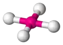 Skeletal model of a planar molecule with a central atom symmetrically bonded to four peripheral (fluorine) atoms.