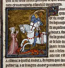 Miniature of George and the Dragon, ms. of the Legenda Aurea, Paris, 1382 (BL Royal 19 B XVII, f. 109).