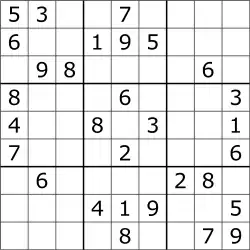 A typical Sudoku puzzle, with nine rows and nine columns that intersect at square spaces. Some of the cells are filled with a number; others are blank cells to be solved.