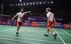 Kevin Sanjaya Sukamuljo and Marcus Fernaldi Gideon celebration at the 2018 Asian Games men's team semifinals