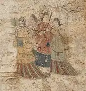 Women's dress under Goguryeo influence, with overlapping collar and mo skirt. (Takamatsuzuka Tomb, 7th century)