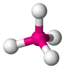 Skeletal model of a terahedral molecule with a central atom (oganesson) symmetrically bonded to four peripheral (fluorine) atoms.