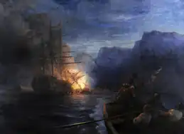The burning of the Turkish flagship by Kanaris (1881)