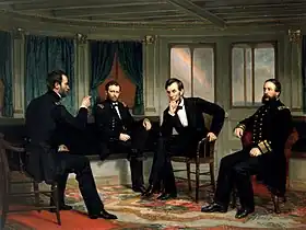 Painting of the four men conferring in a ship's cabin.