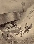 Illustration from 1903 by Henrique Alvim Corrêa showing the first Martian emerging from a cylinder that had fallen from the sky for an edition of The War of the Worlds by H. G. Wells (first published in 1897)