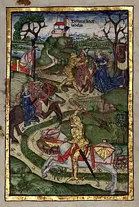 Saint Ladislaus chases the Cuman warrior who kidnapped a girl (Chronica Hungarorum, 1488)