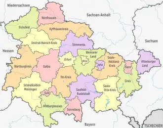 Map of Thuringia showing the boundaries of the districts