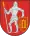A coat of arms depicting a man in full body armour holding a white spear in his right hand and a red-and-yellow shield in his left hand