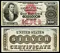 Series 1878 $100 silver certificate The first $100 silver certificate was issued with a portrait of James Monroe on the left side of the obverse.