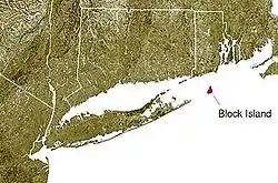 Block Island, shown in red, off the coast of the state of Rhode Island