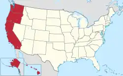 Location of&nbsp;the West Coast&nbsp;(red)in the United States&nbsp;(tan) as defined by the Census Bureau.