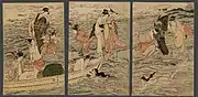 Triptych Ukiyo-e print of Japanese ama divers catching abalone (1788–1790) by Utamaro