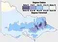 Average July maximum temperatures:Victoria's hills and ranges are coolest during winter. Snow also falls there.
