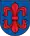 A coat of arms depicting a large, red fleur-de-lis that has a horizontal symmetry axis all on a blue background bordered by a black line