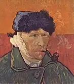 A portrait of Vincent van Gogh from the right; he is smoking a pipe, wearing a winter hat. His ear is bandaged and he has no beard.