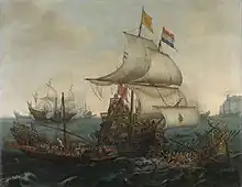 Two galleys attacking a three-masted sailing ship that is considerably taller. One of the galleys is sinking.