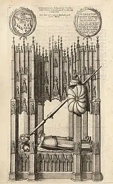 The tomb of John of Gaunt and Blanche of Lancaster in the choir of St Paul's Cathedral, as represented in an etching of 1658 by Wenceslaus Hollar. The etching includes a number of inaccuracies, for example in not showing the couple with joined hands. The tomb was lost in the Great Fire of 1666.