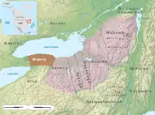 Color map of New York with Wenro territory highlighted from the mouth of Buffalo Creek east to the Genesee River