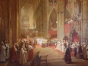 Many people in fine robes and dresses standing inside the abbey. In the middle distance, Queen Victoria sits on a chair raised on a platform.