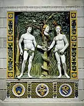 The snake in this piece, by the Workshop of Giovanni della Robbia, has a woman's face that resembles Eve's.