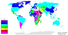 A map of the world with different regions colored in correlating to inflation rates
