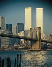 World Trade Center exterior with Brooklyn Bridge in foreground. 1973
