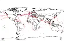 World map with red and blue lines