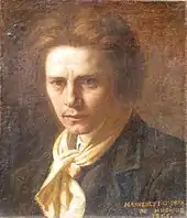 head and shoulder drawing of young man, clean shaven with a bouffant mane of hair