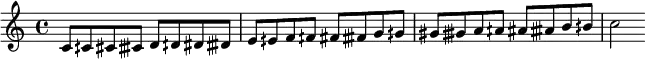 \relative c'{c8 cih cis cisih d dih dis disih e eih f fih fis fisih g gih gis gisih a aih ais aisih b bih \bar "|" c2}